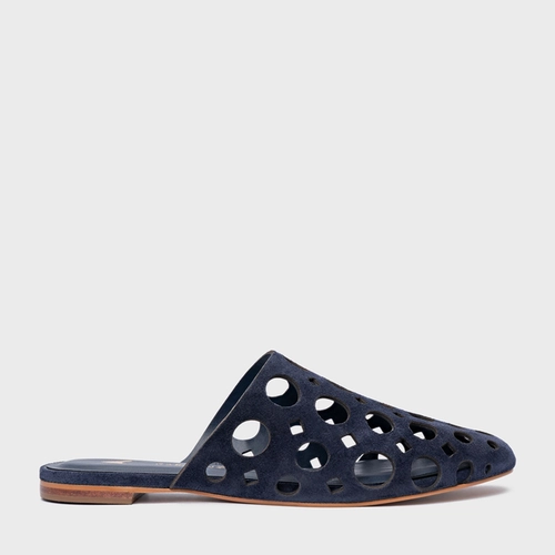 Mule Rasteira Cutout Couro Suede Azul Navy