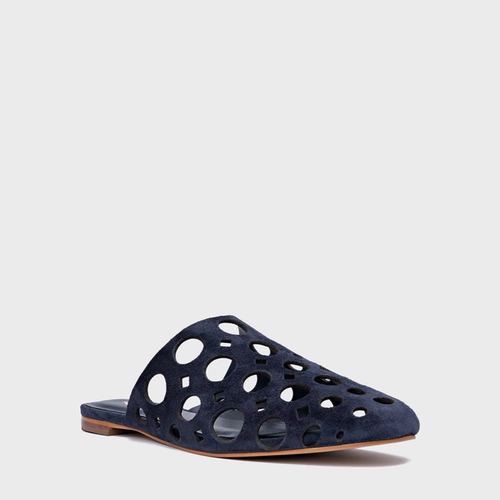 Mule Rasteira Cutout Couro Suede Azul Navy