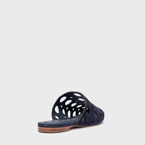 Mule Rasteira Cutout Couro Suede Azul Navy