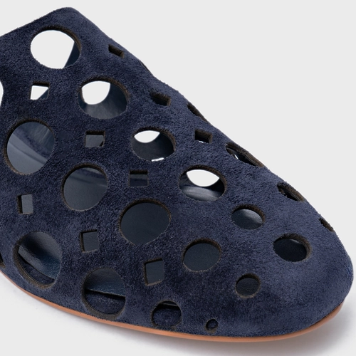 Mule Rasteira Cutout Couro Suede Azul Navy