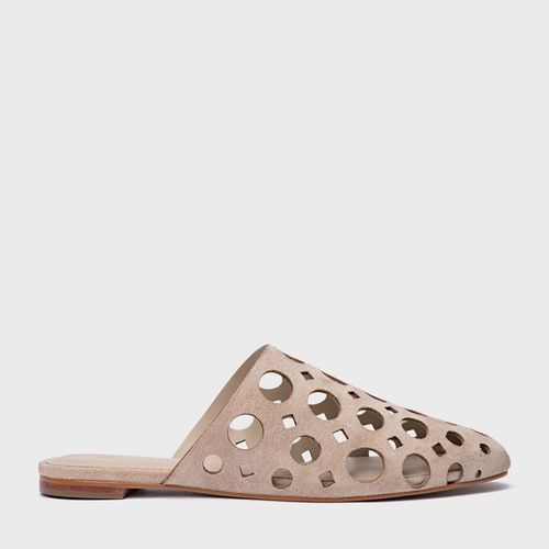 Mule Rasteira Cutout Couro Suede Bege Oatmeal
