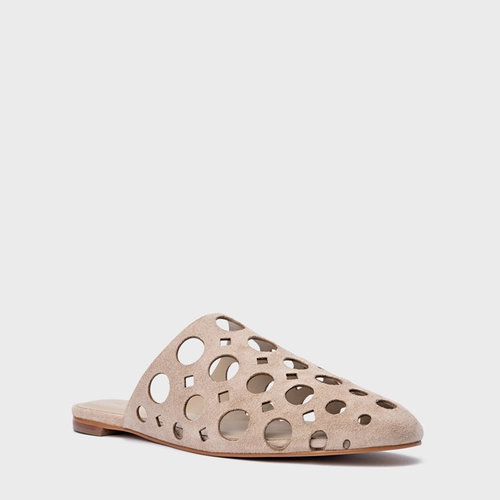 Mule Rasteira Cutout Couro Suede Bege Oatmeal