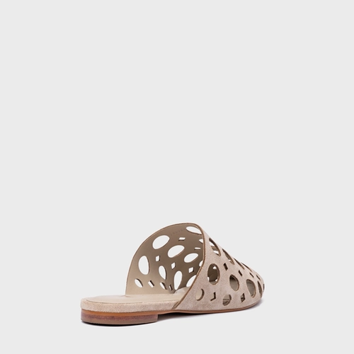 Mule Rasteira Cutout Couro Suede Bege Oatmeal