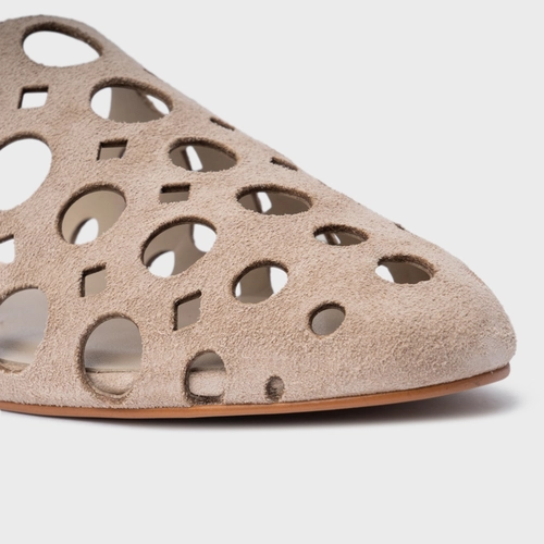 Mule Rasteira Cutout Couro Suede Bege Oatmeal
