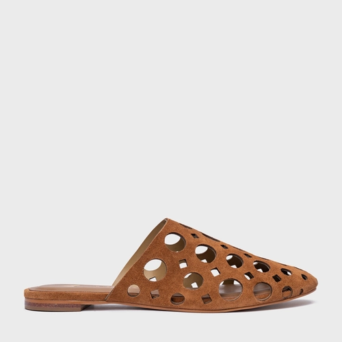 Mule Rasteira Cutout Couro Suede Marrom Saddle