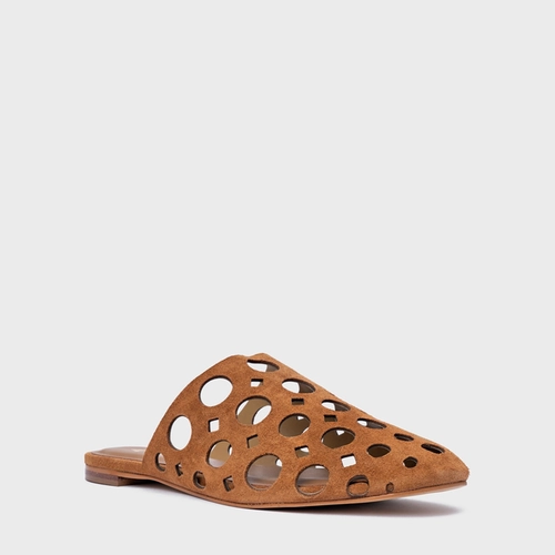 Mule Rasteira Cutout Couro Suede Marrom Saddle