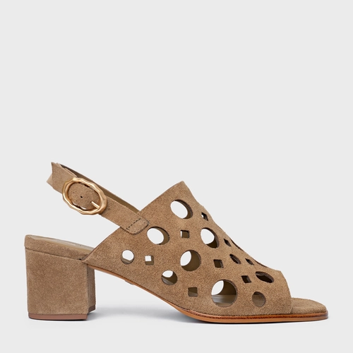Sandália Cutout Salto Bloco Couro Suede Bege Almond