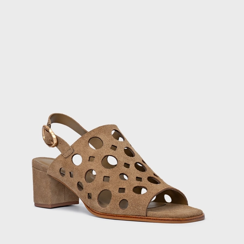 Sandália Cutout Salto Bloco Couro Suede Bege Almond