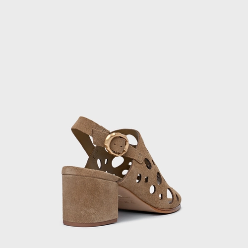 Sandália Cutout Salto Bloco Couro Suede Bege Almond