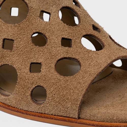 Sandália Cutout Salto Bloco Couro Suede Bege Almond
