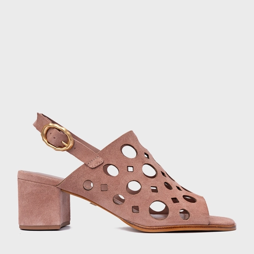 Sandália Cutout Salto Bloco Couro Suede Rosa Ballet