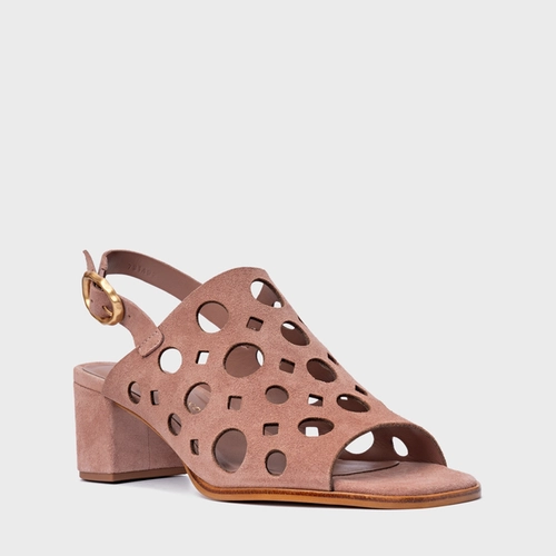 Sandália Cutout Salto Bloco Couro Suede Rosa Ballet
