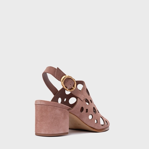 Sandália Cutout Salto Bloco Couro Suede Rosa Ballet