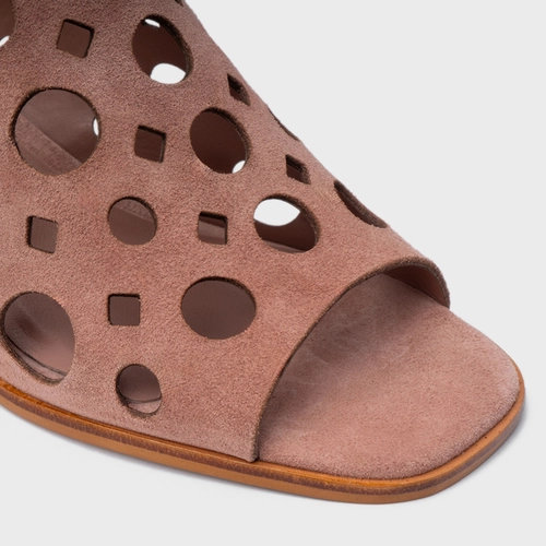 Sandália Cutout Salto Bloco Couro Suede Rosa Ballet
