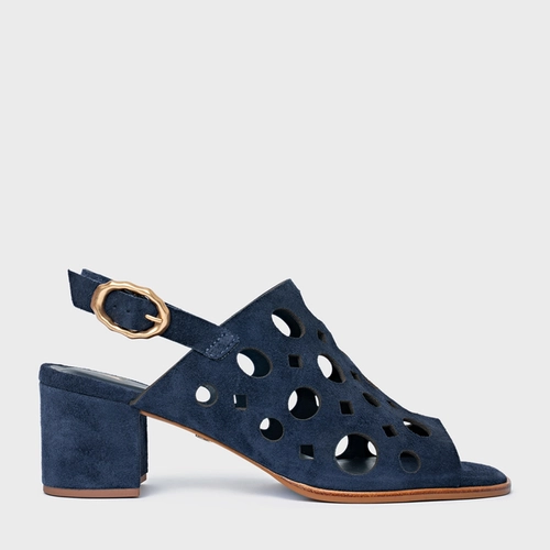 Sandália Cutout Salto Bloco Couro Suede Azul Navy