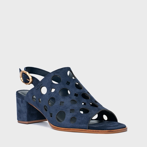Sandália Cutout Salto Bloco Couro Suede Azul Navy