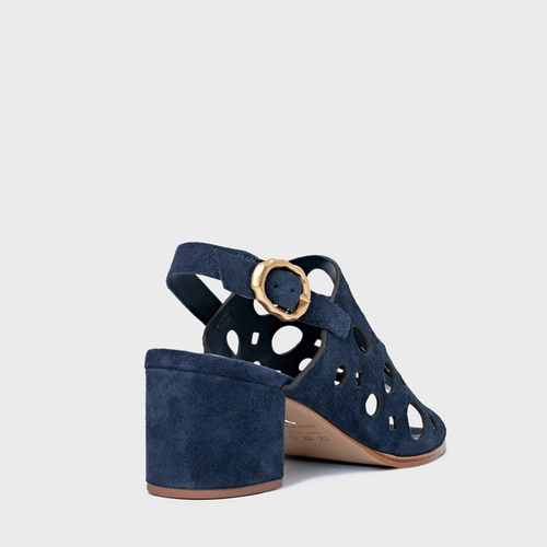Sandália Cutout Salto Bloco Couro Suede Azul Navy