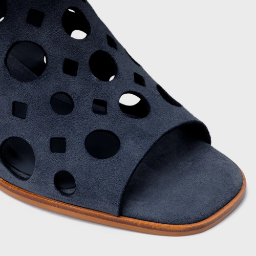 Sandália Cutout Salto Bloco Couro Suede Azul Navy