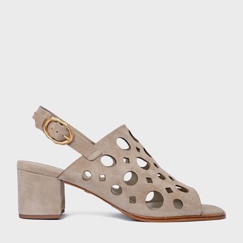 Sandália Cutout Salto Bloco Couro Suede Bege Oatmeal