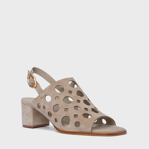Sandália Cutout Salto Bloco Couro Suede Bege Oatmeal