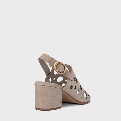 Sandália Cutout Salto Bloco Couro Suede Bege Oatmeal