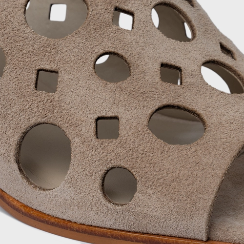 Sandália Cutout Salto Bloco Couro Suede Bege Oatmeal