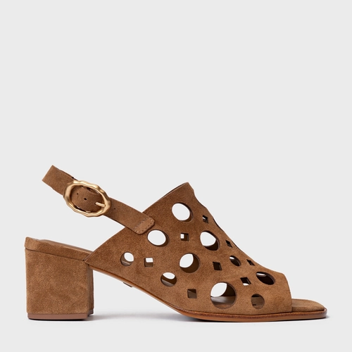 Sandália Cutout Salto Bloco Couro Suede Marrom Saddle