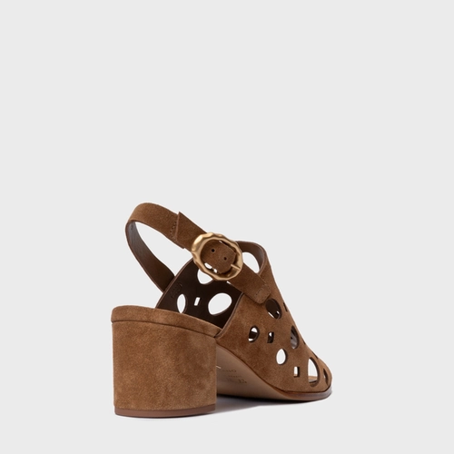 Sandália Cutout Salto Bloco Couro Suede Marrom Saddle