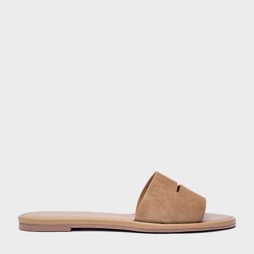 Rasteira Slide Recorte Couro Suede Bege Almond
