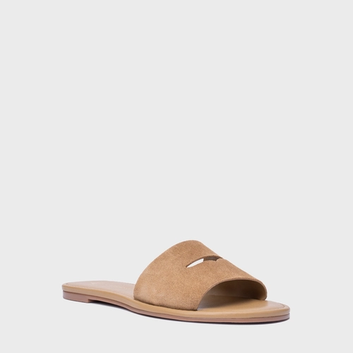 Rasteira Slide Recorte Couro Suede Bege Almond
