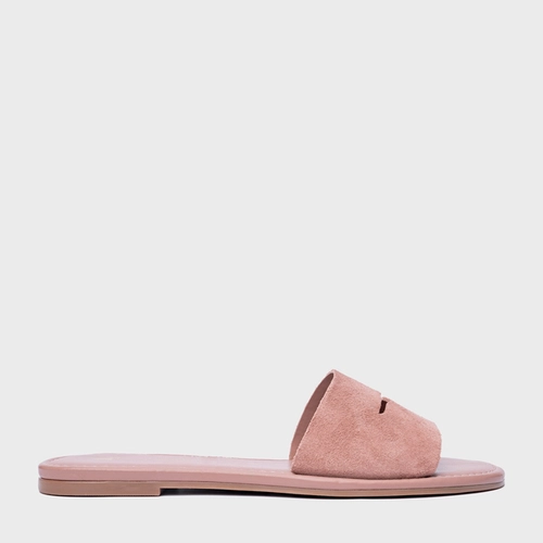 Rasteira Slide Recorte Couro Suede Rosa Ballet