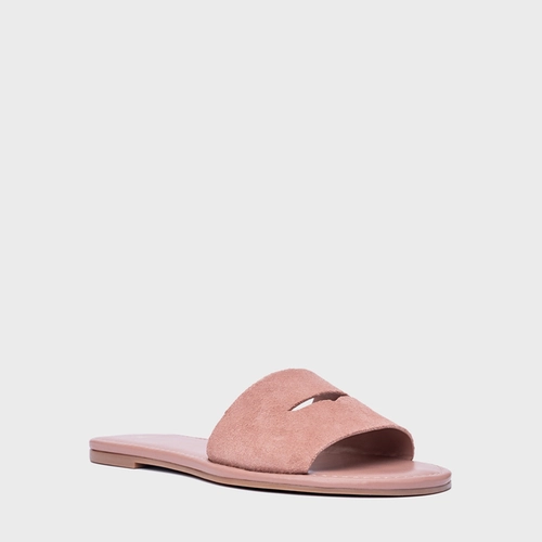 Rasteira Slide Recorte Couro Suede Rosa Ballet