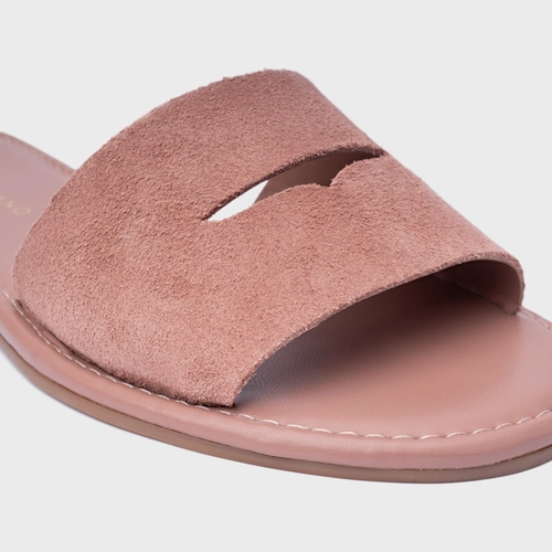 Rasteira Slide Recorte Couro Suede Rosa Ballet