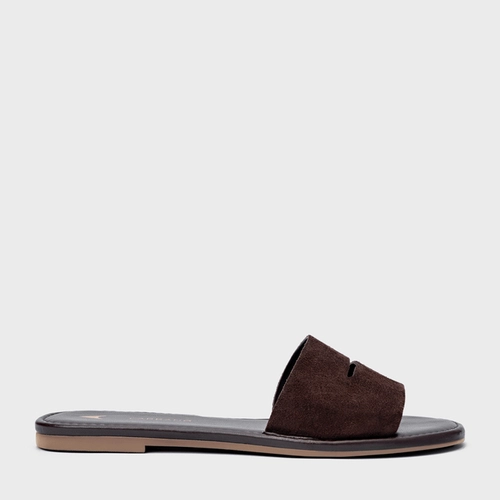 Rasteira Slide Recorte Couro Suede Marrom Ganache