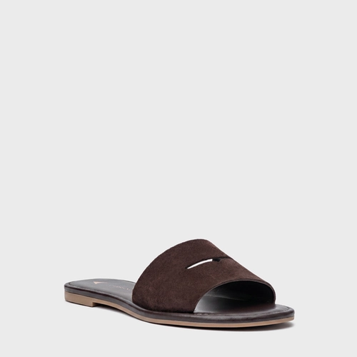 Rasteira Slide Recorte Couro Suede Marrom Ganache
