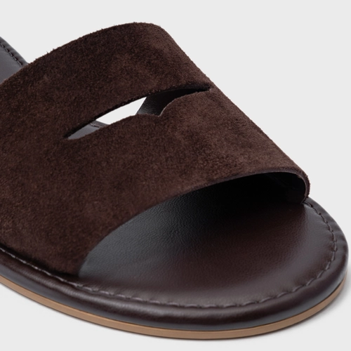 Rasteira Slide Recorte Couro Suede Marrom Ganache
