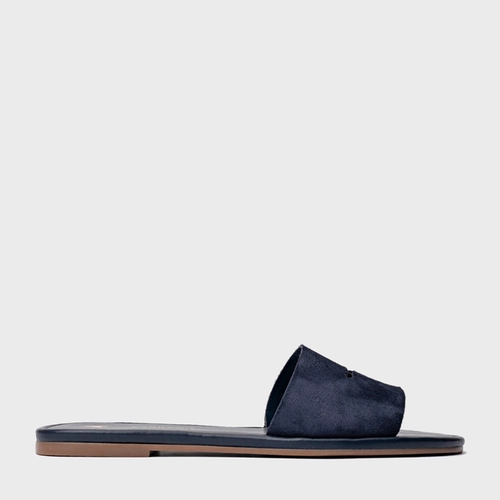 Rasteira Slide Recorte Couro Suede Azul Navy