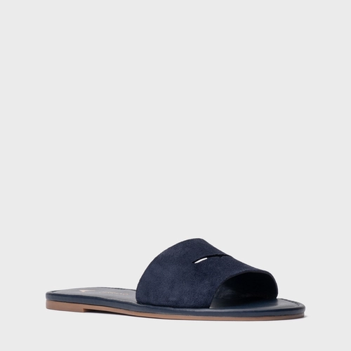 Rasteira Slide Recorte Couro Suede Azul Navy