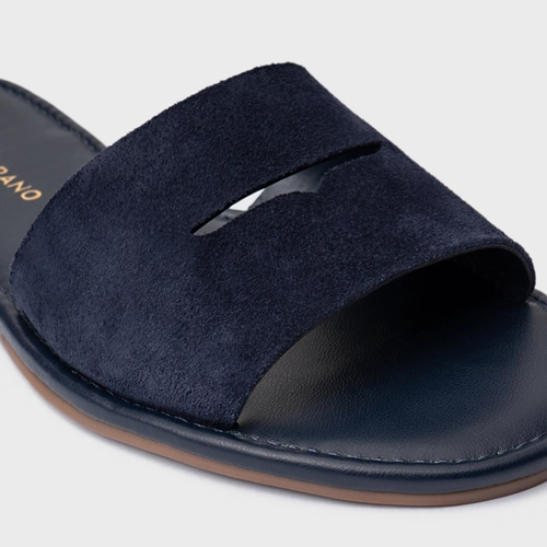 Rasteira Slide Recorte Couro Suede Azul Navy