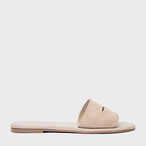 Rasteira Slide Recorte Couro Suede Bege Oatmeal