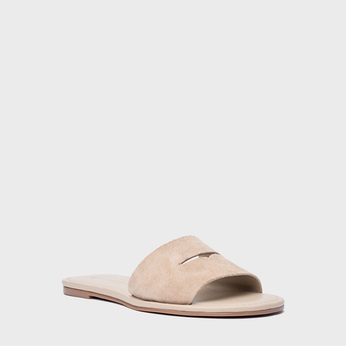 Rasteira Slide Recorte Couro Suede Bege Oatmeal