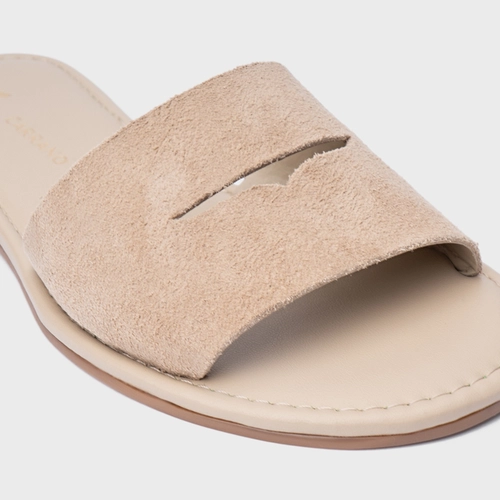 Rasteira Slide Recorte Couro Suede Bege Oatmeal