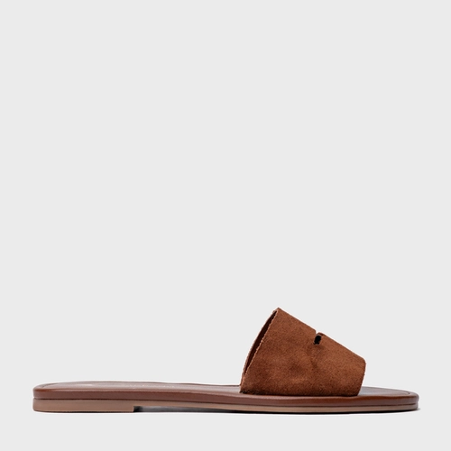 Rasteira Slide Recorte Couro Suede Marrom Walnut