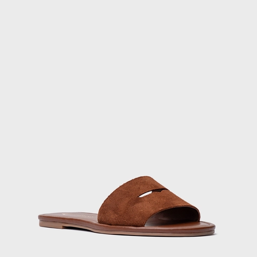 Rasteira Slide Recorte Couro Suede Marrom Walnut