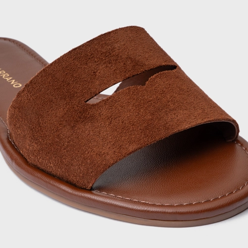 Rasteira Slide Recorte Couro Suede Marrom Walnut