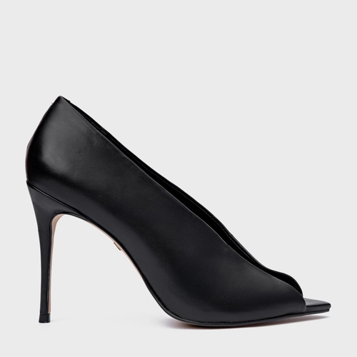 Scarpin Maxi Recorte Salto Fino Couro Preto