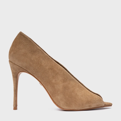 Scarpin Maxi Recorte Salto Fino Couro Suede Bege Almond