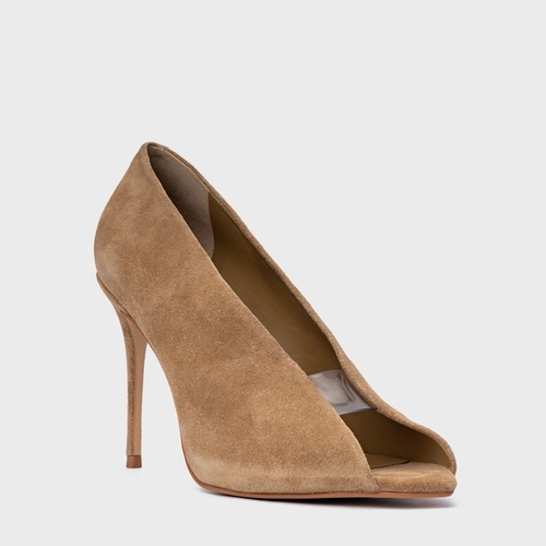 Scarpin Maxi Recorte Salto Fino Couro Suede Bege Almond