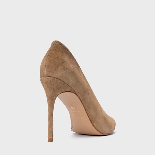 Scarpin Maxi Recorte Salto Fino Couro Suede Bege Almond