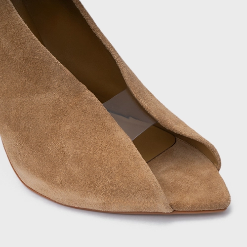 Scarpin Maxi Recorte Salto Fino Couro Suede Bege Almond